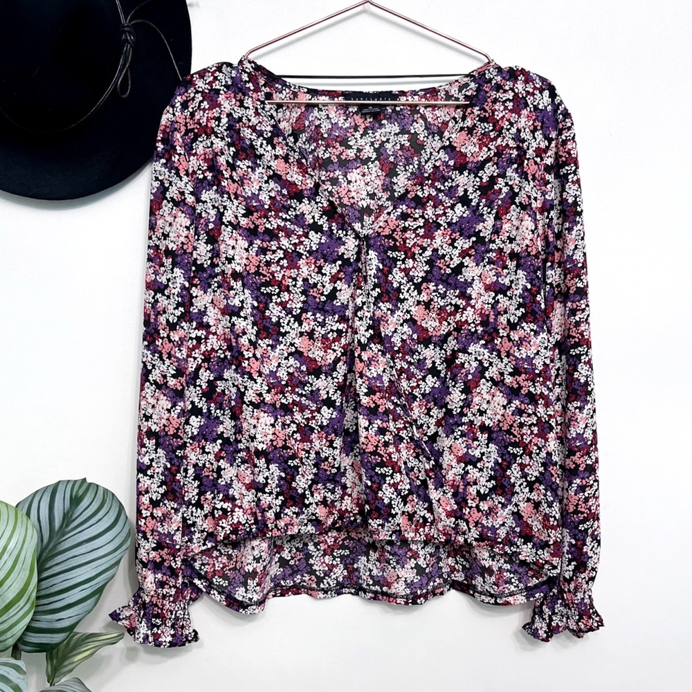 sanctuary | cori smocked surplice blouse ditsy floral purple xl